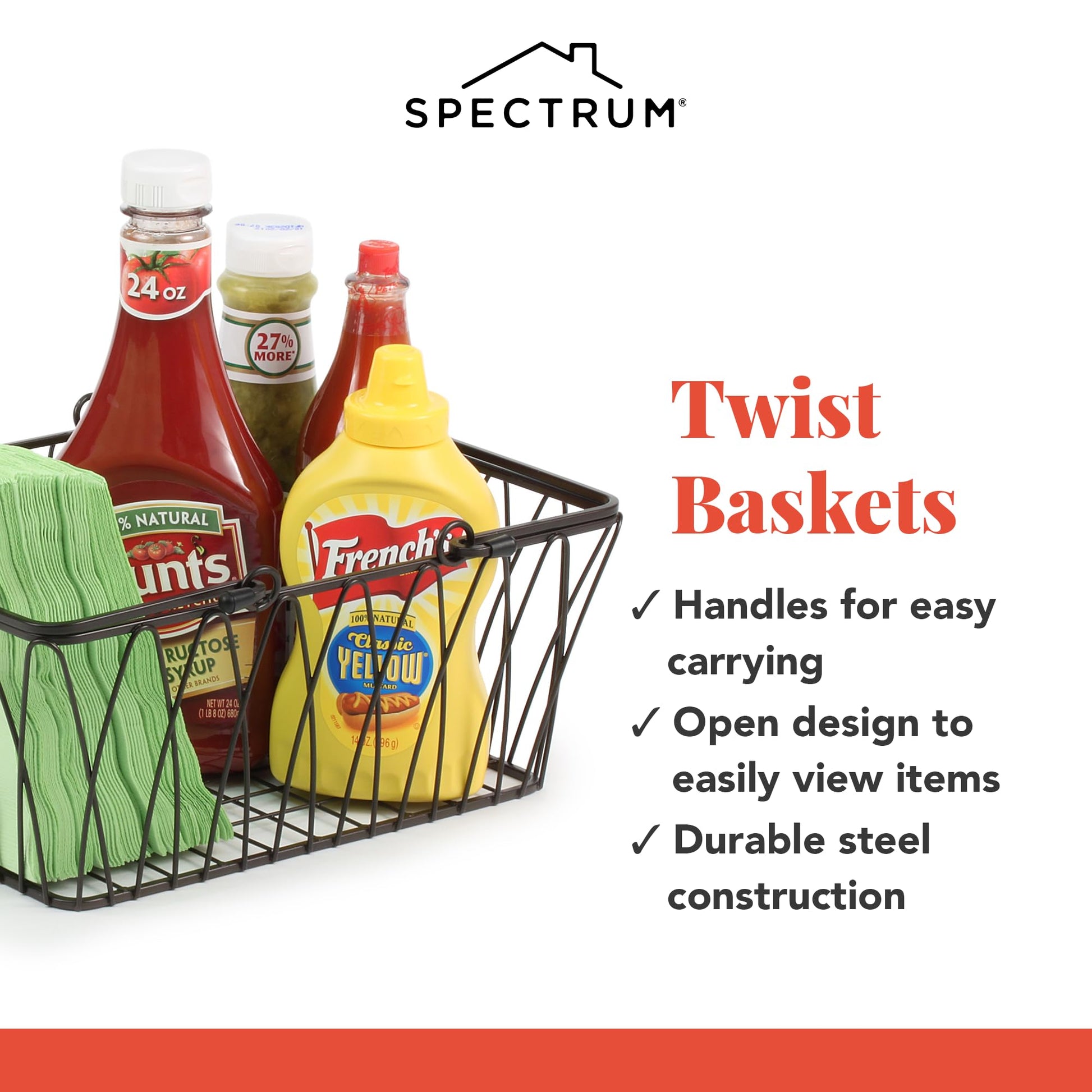 Spectrum Twist Wire Basket for Organizing (Medium, Black) - Sturdy Farmhouse Pantry Basket Storage with Handles - Wire Storage Basket Organizer for Kitchen, Shelf, Closet, Bathroom & More - WoodArtSupply