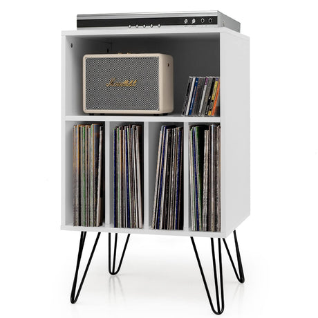 Tangkula Record Player Stand, Turntable Stand with Metal Legs, Vinyl Record Storage Cabinet w/ 5 Open Shelves Holds up to 150 Albums for Living Room Bedroom, Vintage End Table, 21 x 18 x34 In (White) Tangkula