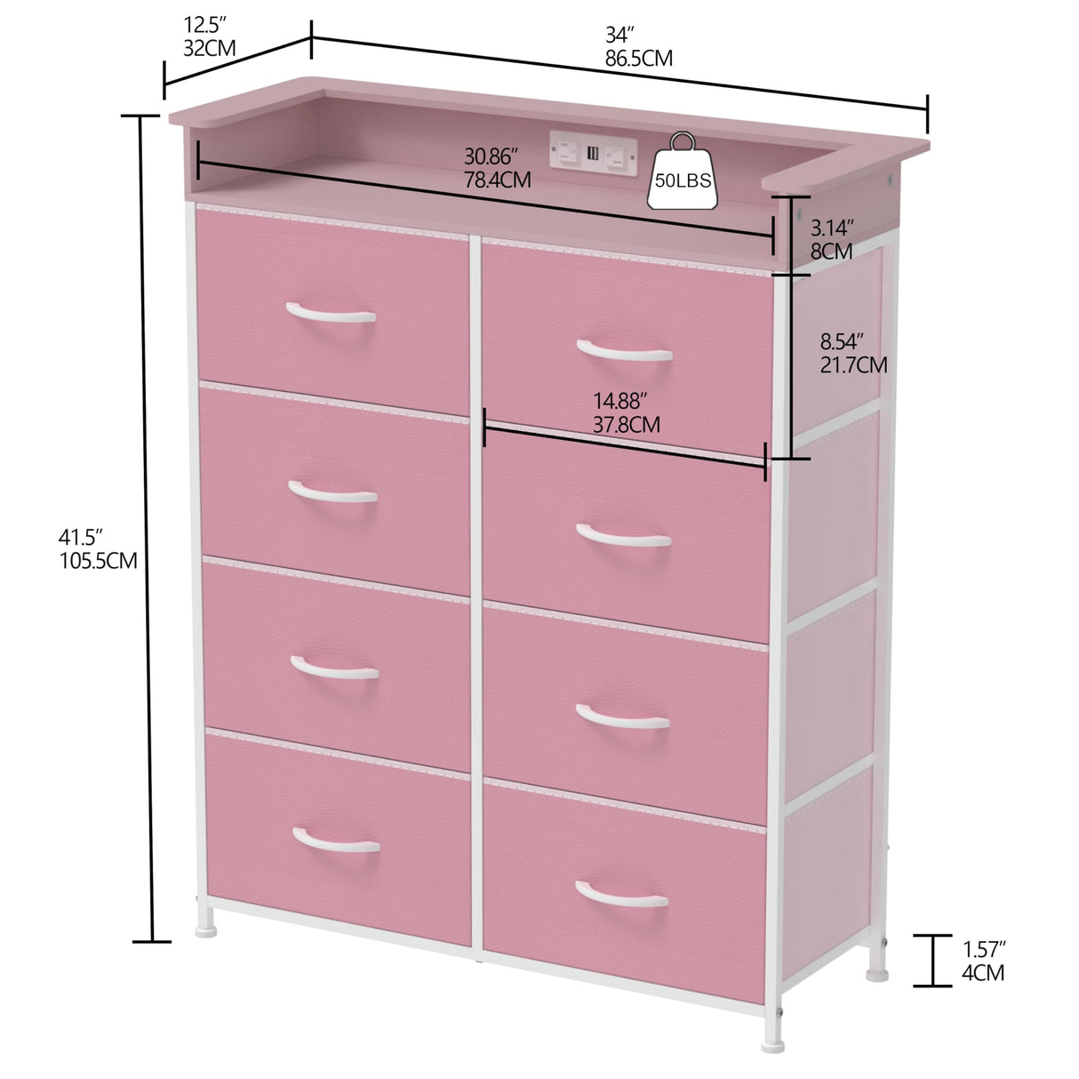 Welfuturer Pink Dresser for Bedroom with Charing Station Dressers with LED Lights Tall Dresser with 8 Drawers Storage Tower for Closet Living Room Hallway Entryway Sturdy Steel Frame Wood Top Welfuturer
