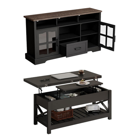 ChooChoo 2-Piece Living Room Table Set - Includes TV Stand with Storage for 75" TV, Lift-top Coffee Table with Storage and Hidden Compartment, Black & Espresso ChooChoo