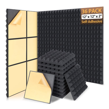 AUSLET 36 Pack Sound Proof Foam Panels for Walls 12" X 12" X 2" Pyramid Acoustic Foam Panels with Self-Adhesive High Density Soundproof Wall Panels for Studio and Home AUSLET