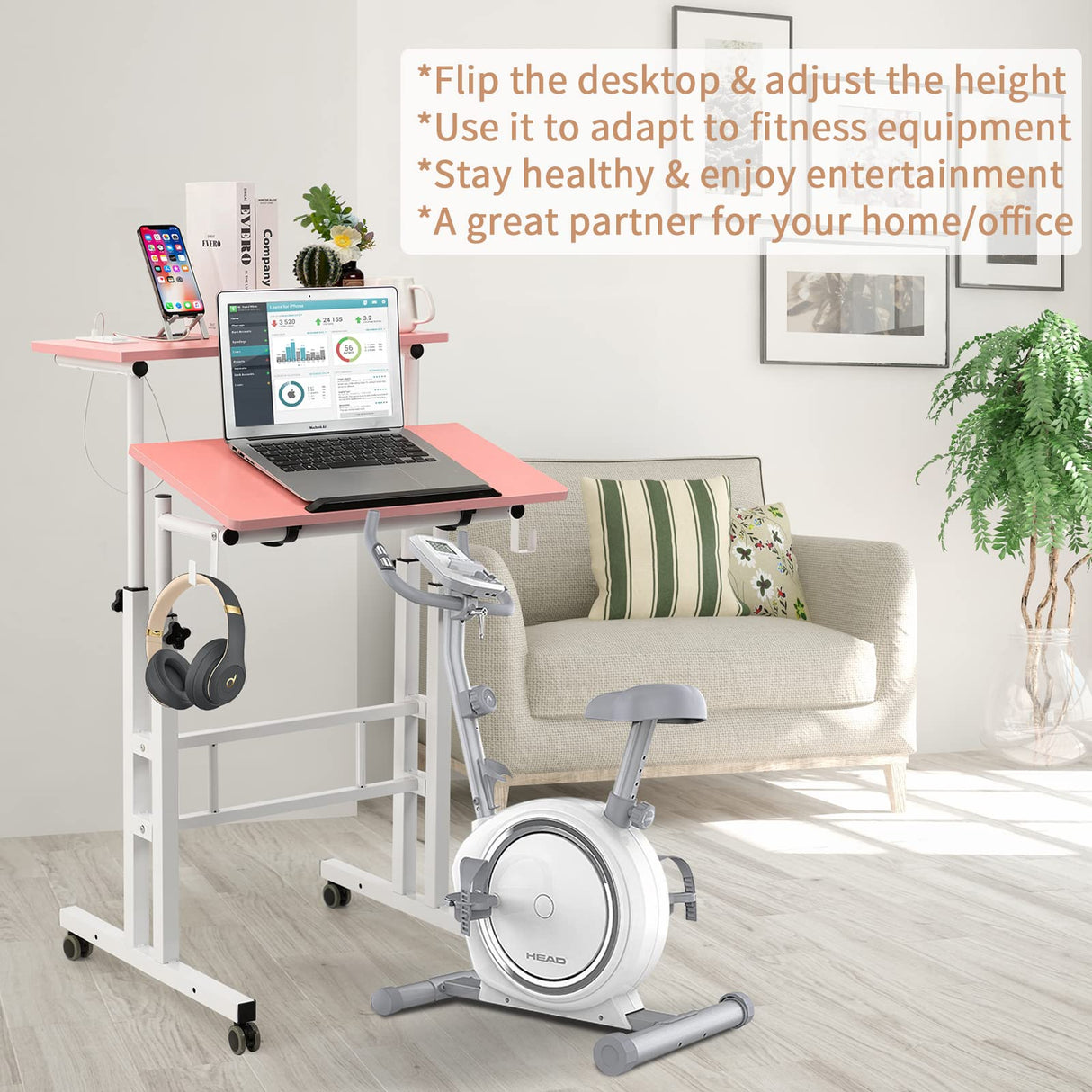 SIDUCAL Mobile Stand Up Desk, Adjustable Laptop Desk with Wheels, Home Office Workstation with USB Ports and Outlets, SIDUCAL