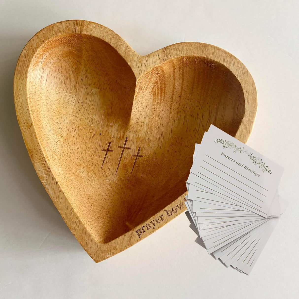 Prayer Bowl with Cards, Heart Prayer Bowl Wooden, Christian Gifts for Women Men, Wood Prayer Dough Bowl, Heart Shaped Decor Bowl, Birthday, Retirement, Religious, Easter Gift for Mom Dad Sereficy