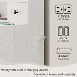 IRONCK Vanity Desk with LED Lighted Mirror, Large Storage Makeup Vanity Table with 5 Drawers, Cabinet, 7 Open Shelves, Power Outlet, Storage Stool, Bedroom, White IRONCK