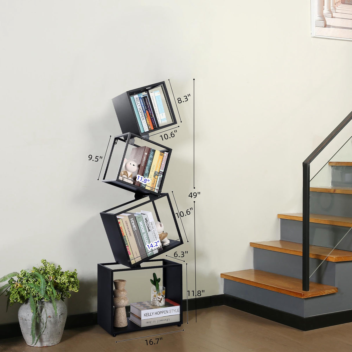 Bookshelf, 4-Tier Geometric Black Bookcase, 49" Tall Modern Corner Bookshelf, Storage Shelves for CDs/Books/Home Decor, Display Shelf for Living Room, Bedroom, Study Room, Nursery Room, Home Office Weltallina
