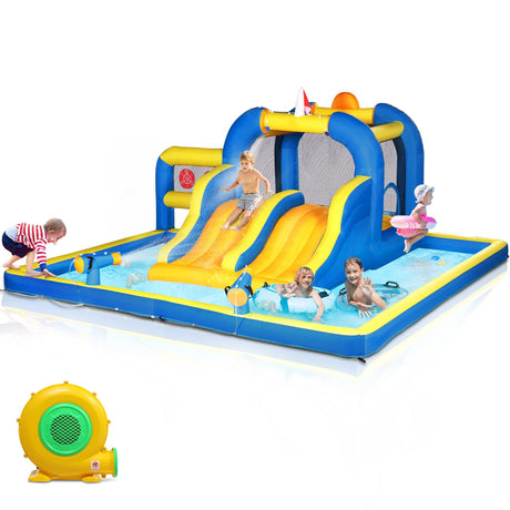 Ktaxon Inflatable Bounce House, Jumping Outdoor Air Castle Children Bouncer Double Water Slide with Air-Blower for Backyard, Park, Lawn (181" L x 181" W x 86.7" H) Ktaxon