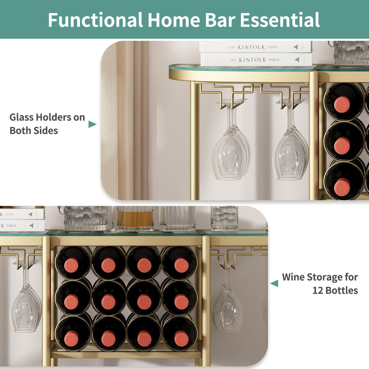 O&K FURNITURE Home Bar Table with Wine Racks, 3 Tier Wine Bar Table with Glass Holders, Wine Cabinet with Open Shelf, Liquor Bar Coffee Bar Table for Living Room Kitchen, Gold O&K FURNITURE