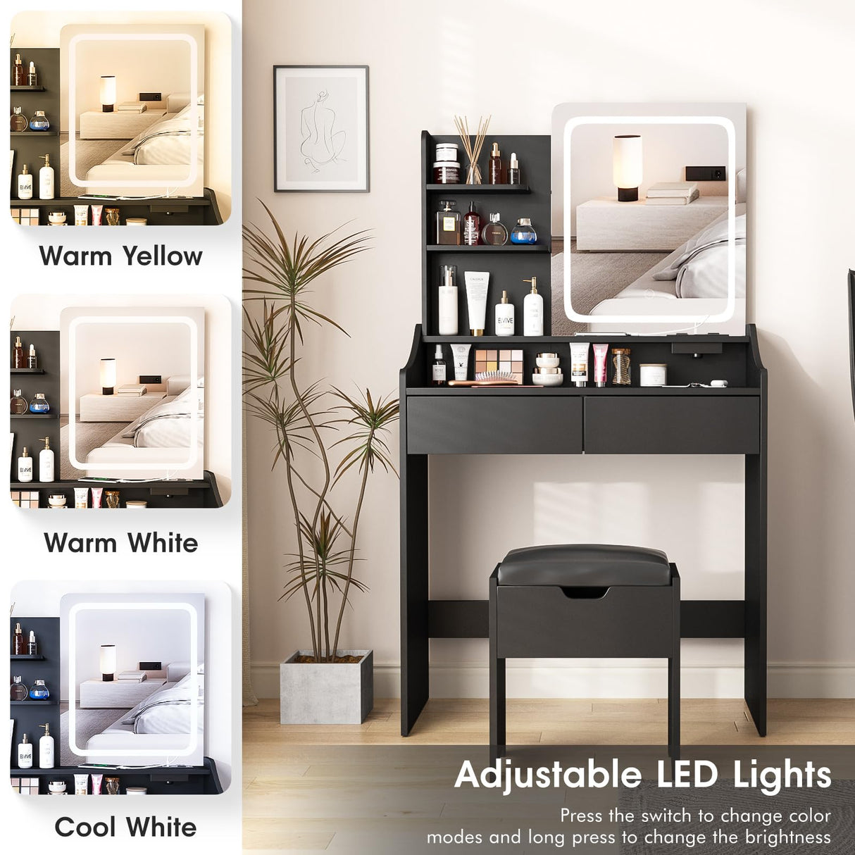 Vabches Vanity Desk with LED Light Mirror and Charging Station, Small Cute Vanity Set with 4 Storage Shelves 2 Drawers, Vanity for Girls Women with Storage Stool, Vanity Table for Bedroom (Black) Vabches