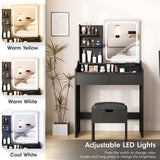 Vabches Vanity Desk with LED Light Mirror and Charging Station, Small Cute Vanity Set with 4 Storage Shelves 2 Drawers, Vanity for Girls Women with Storage Stool, Vanity Table for Bedroom (Black) Vabches