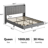 GarveeHome Queen Floating Upholstered Bed Frame with Charging Station, LED Lights & Storage Headboard in Grey GarveeHome