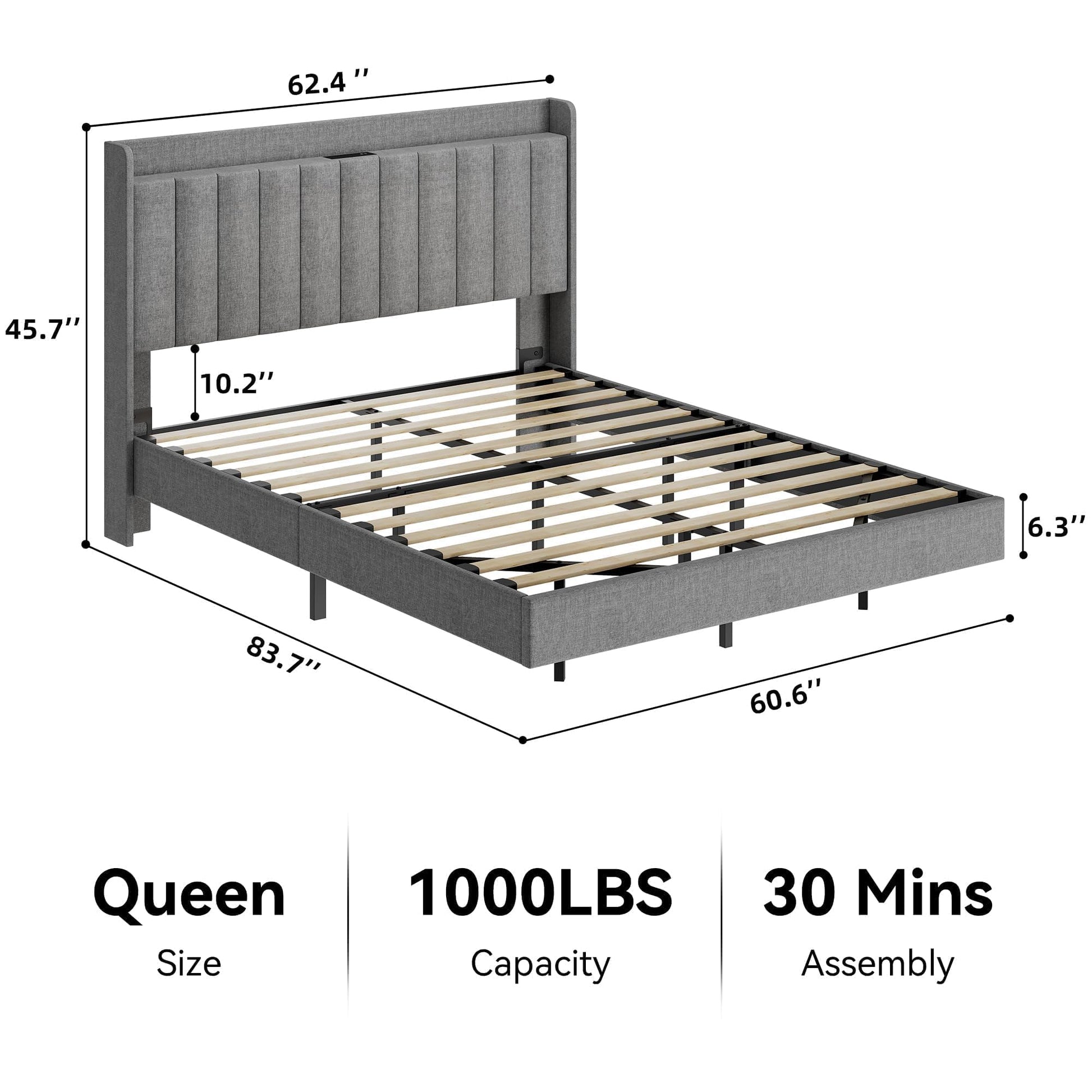 GarveeHome Queen Floating Upholstered Bed Frame with Charging Station, LED Lights & Storage Headboard in Grey - WoodArtSupply