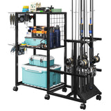 TC-HOMENY Fishing Rod Holders for Garage with Lockable Wheels, Heavy Duty Fishing Pole Rack Cart Holds Up to 10 Rods, Large Fishing Tackle Gear Organizer Storage rack for Room, Garage, Basement, Black TC-HOMENY