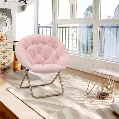Athena Collection Comfy Saucer Chair Folding Cozy Chair for Bed Room Living Room Accent Chair Faux Fur Reading Chair Foldable Metal Frame Lazy Chair Moon Chair for Adult, Pink Athena Collection