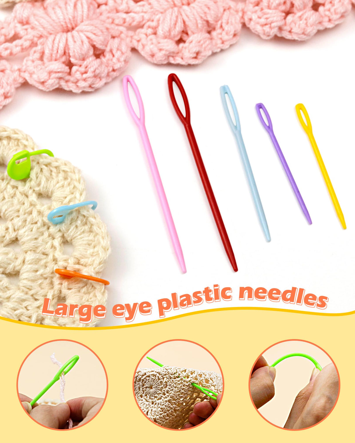 300pcs FIVEIZERO Stitch Markers with 6 pieces of large blunt sewing needles,colorful knitting markers,plastic crochet hook clip,bulk Crochet hook markers for knitting stitch locking clip crochet hooks FIVEIZERO