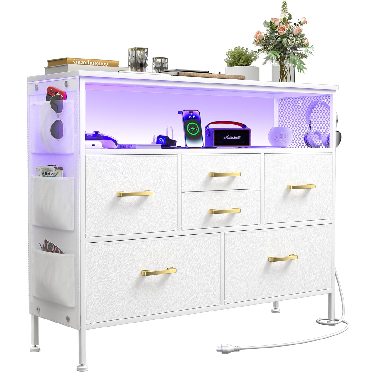 YILQQPER Dresser for Bedroom TV Stand with Power Outlets and LED Light, 6 Drawers Dresser with Side Pockets & Hooks, Wide Dresser with Shelves for 45" TV, Fabric Chest of Drawers with PU Finish, White YILQQPER