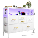 YILQQPER Dresser for Bedroom TV Stand with Power Outlets and LED Light, 6 Drawers Dresser with Side Pockets & Hooks, Wide Dresser with Shelves for 45" TV, Fabric Chest of Drawers with PU Finish, White YILQQPER