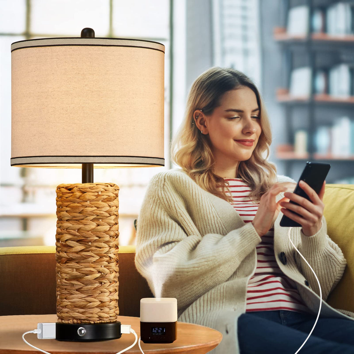 GyroVu Rattan Table Lamp Set of 2, Wicker Lamps, 3 Way Dimmable Touch Seagrass Table lamp with 2 USB Ports and 1 AC Outlet for Bedroom Nightstand Table, Livingroom End Table, Bulbs Include GyroVu