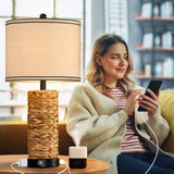GyroVu Rattan Table Lamp Set of 2, Wicker Lamps, 3 Way Dimmable Touch Seagrass Table lamp with 2 USB Ports and 1 AC Outlet for Bedroom Nightstand Table, Livingroom End Table, Bulbs Include GyroVu