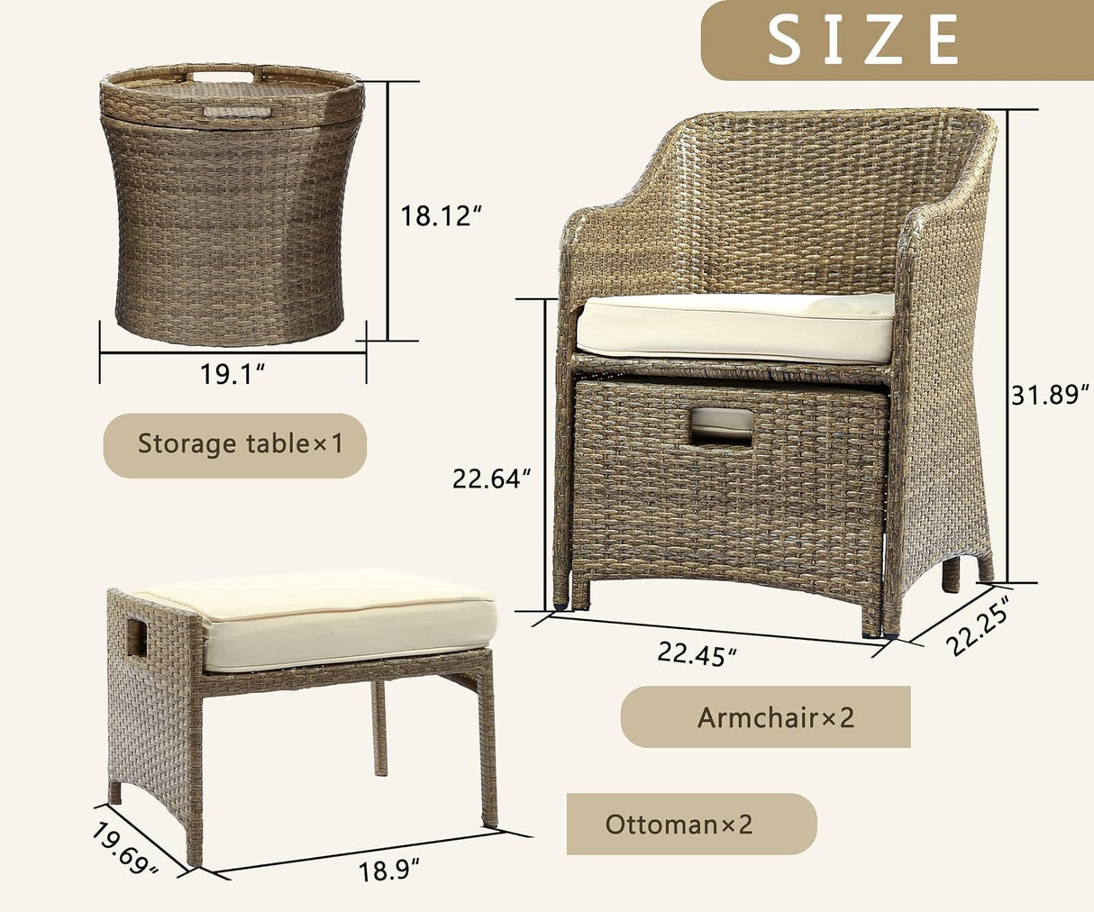 LHBcraft Outdoor Patio Wicker 5-Piece Furniture Set, No Assembly Required All-Weather Rattan Conversation Bistro & Storage Table for Garden, Porch, Balcony and Deck (Beige) LHBcraft