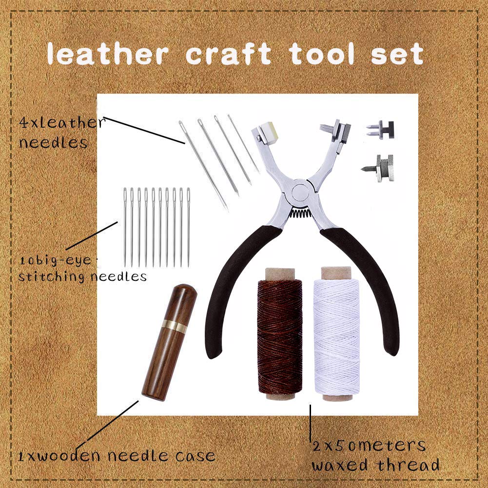Stitching Hole Punch BUTUZE, 4mm Silent Rhombus Leather Hand Pliers with Leather Needle, Wooden Needle Case, Waxed Thread for Belts, Straps, Saddles, Shoes, Fabric DIY BUTUZE