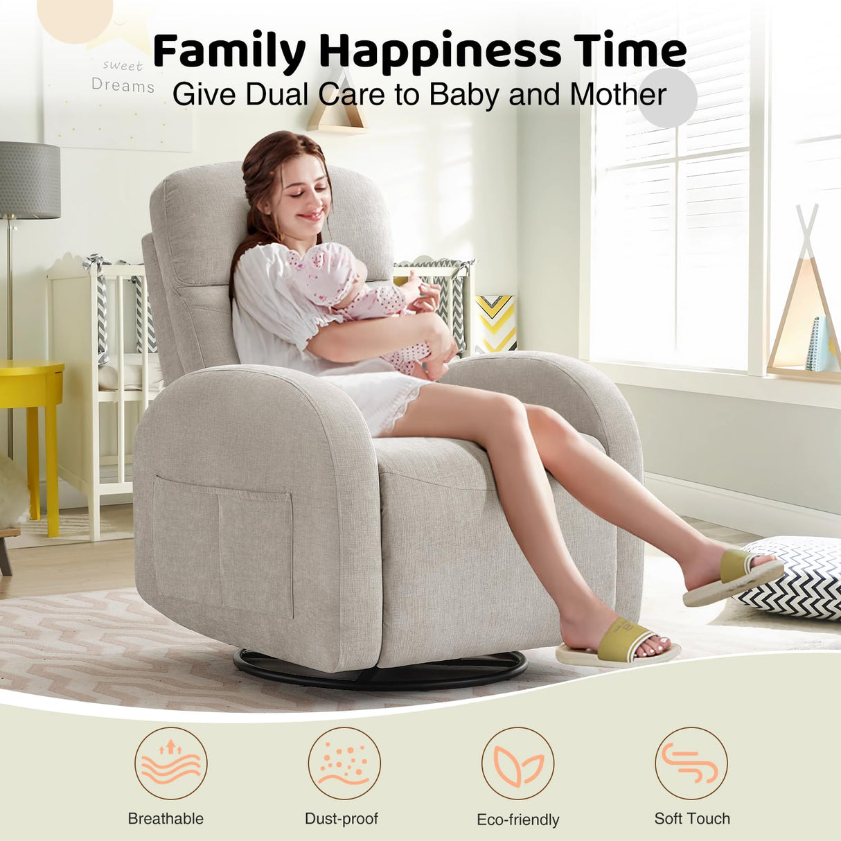 AEMEIOS Nursery Swivel Rocker Recliner, Manual Nursering Glider Recliner, Chenille Swivel Rocking Nursery Recliners with Double Pockets for Living Room, Camel AEMEIOS