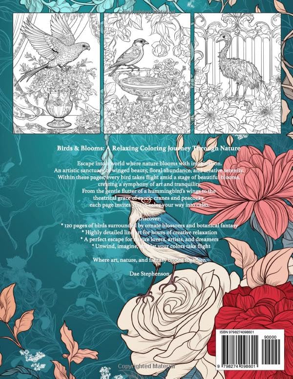 Birds & Blooms: A Relaxing Coloring Journey Through Nature: Adult coloring book with 120 pages of birds and floral designs for calm, creativity, and mindful relaxation Majosta