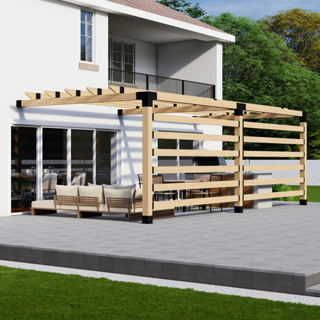 DIY Wooden Pergola Kit with Roof (5 Rafters) and 2 Privacy Walls (6 Slats Each) - Any Size Up to 24' x 12' Zen Pergolas