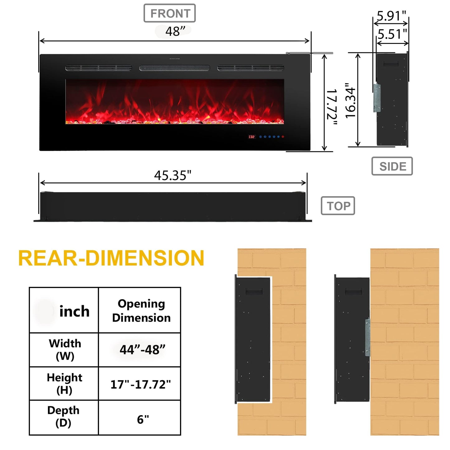 Rodalflame 48 Inches Electric Fireplace Inserts, Recessed and Wall Mounted Fireplace Heater for Indoor Use with Remote Control, 13 Color Flames with Log &Crystal, 9H Timer, 750/1500W