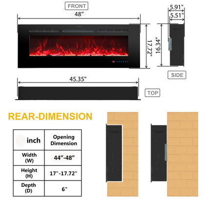 Rodalflame 48 Inches Electric Fireplace Inserts, Recessed and Wall Mounted Fireplace Heater for Indoor Use with Remote Control, 13 Color Flames with Log &Crystal, 9H Timer, 750/1500W