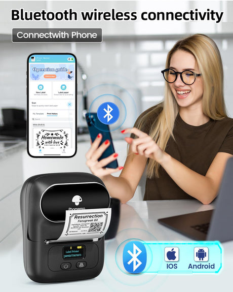 Phomemo Label Maker - M110 Address Label Printer Bluetooth Thermal Printer for Business, Office, School, Home-use, Barcode, Logo, Clothing Label, with 3 Label, Black Phomemo