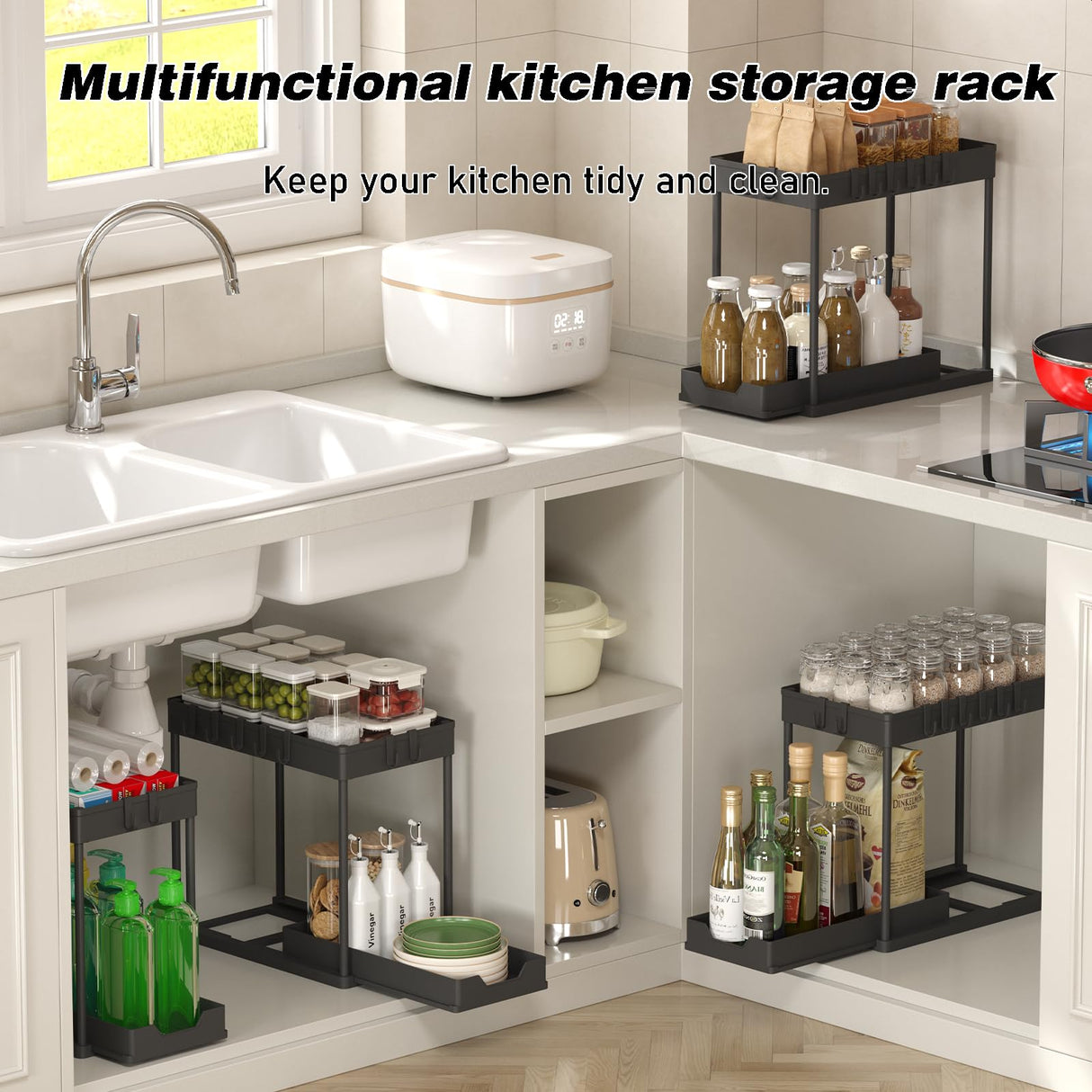 Meltrck Under Sink Organizer 2 Pack,Bathroom Under Cabinet Storage with Pull Out Sliding Drawers for Kitchen Organization,12.8 Inch,Black Meltrck