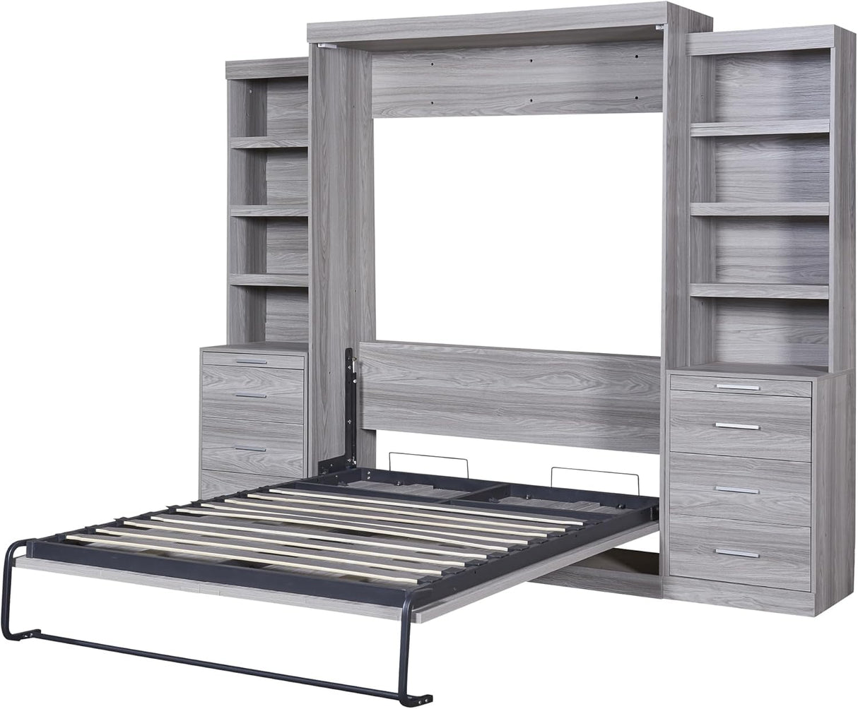 Full Murphy Bed with Bookcase Shelves and 6 Drawers,Metal & Pine Wood Folding Murphy Wall Bed Cabinet for Adults MERITLINE