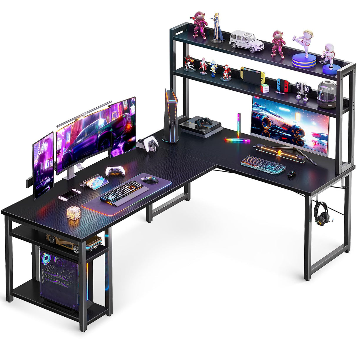 ODK L Shaped Gaming Desk with Hutch, Computer Desk with Storage Shelves, 66" L Shaped Desk for Home Office, Corner Desk with Headphone Hook, Black ODK