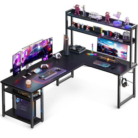 ODK L Shaped Gaming Desk with Hutch, Computer Desk with Storage Shelves, 66" L Shaped Desk for Home Office, Corner Desk with Headphone Hook, Black ODK