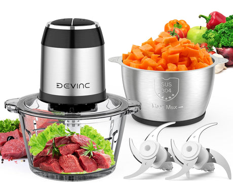 Food Processors, Mini Meat Grinder & Veggie Chopper with 2 Bowls (8 Cup+8 Cup), Electric Food Chopper with 2 Sets of Bi-Level Blades for Meat, Vegetables, Fruits and Nuts DEVINC