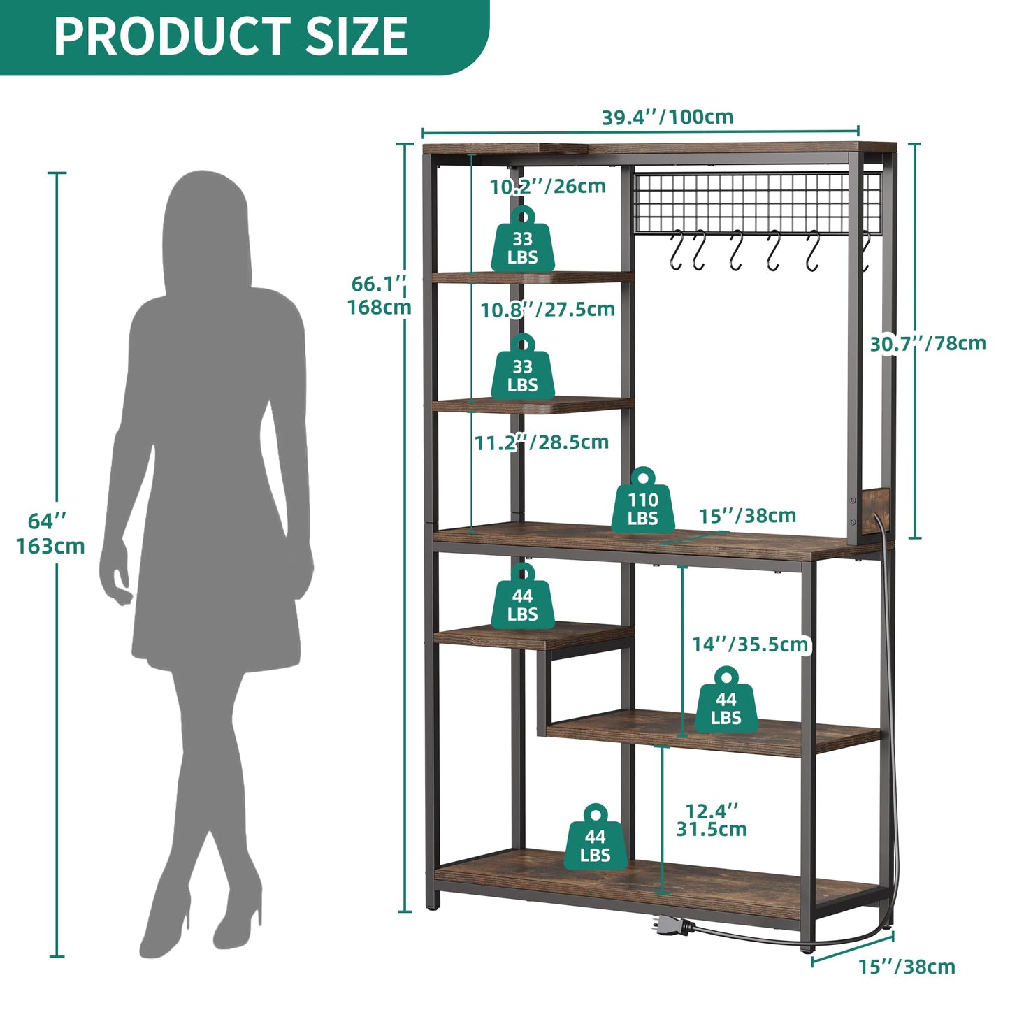 YITAHOME 39 Inch Rustic Brown Kitchen Microwave Stand and Bakers Rack with Power Outlet and 6 Hooks - WoodArtSupply