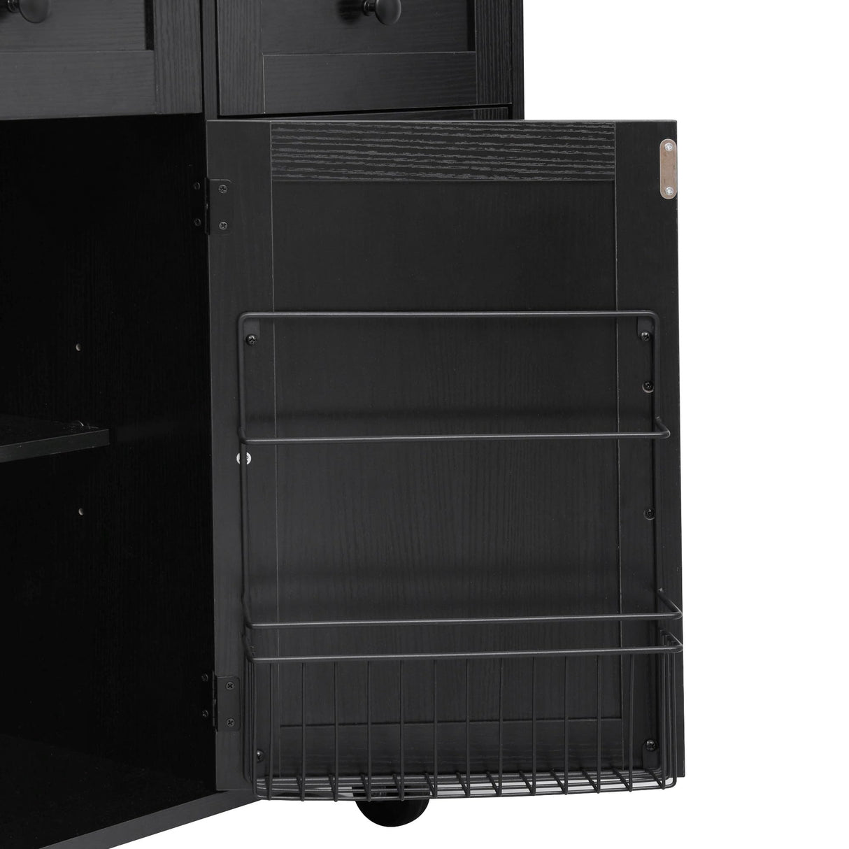 Hlcodca 46.5'' Farmhouse Kitchen Island with Charging Station, Drop Leaf & Bead Drape - Mobile Rolling Cart, Ample Storage, Rustic Wood Grain Countertop for Compact Spaces (Black+Brown) Hlcodca