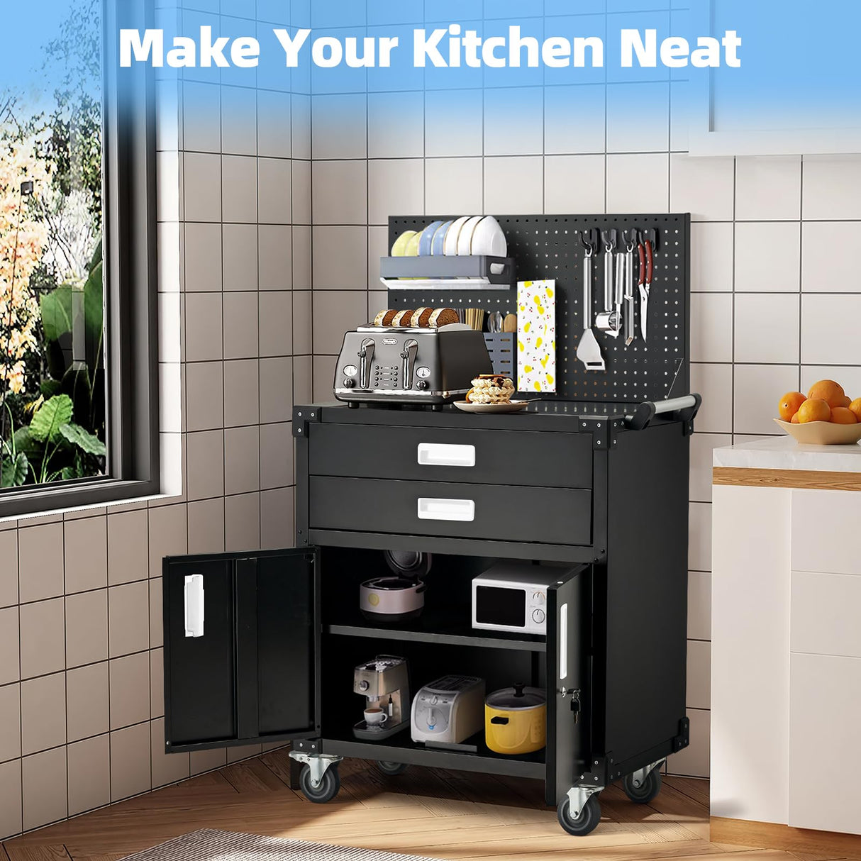 JFHID Work Bench for Garage with Pegboard Drawers and Cabinets Heavy Duty Metal Frame Tool Bench for Shop Kitchen Cabinets Organizer Work Table with Wheels (White Handle) JFHID