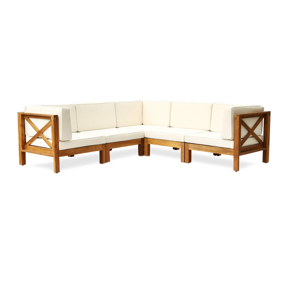 Christopher Knight Home Outdoor Acacia Wood 5 Seater Sectional Sofa Set with Water-Resistant Cushions, Teak and Beige Christopher Knight Home