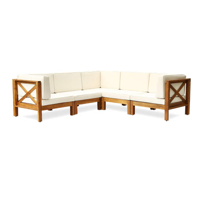 Christopher Knight Home Outdoor Acacia Wood 5 Seater Sectional Sofa Set with Water-Resistant Cushions, Teak and Beige