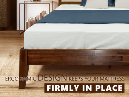 Acacia Emery Bed Frame with Headboard Solid Wood Platform Bed, King Size Bed Frame, Unique Design Contemporary Signature Wood Bed Compatible with All Mattresses, Non-Slip and Noise-Free, Chocolate