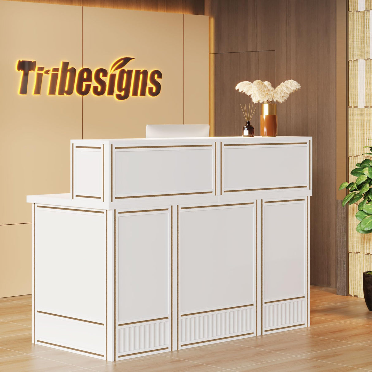 Tribesigns Reception Desk with Counter, 57-Inch Rustic Front Receptionist Table, Boho Welcome Desk Checkout Counter for Office, Retail, Lobby, Beauty Salon (White) Tribesigns