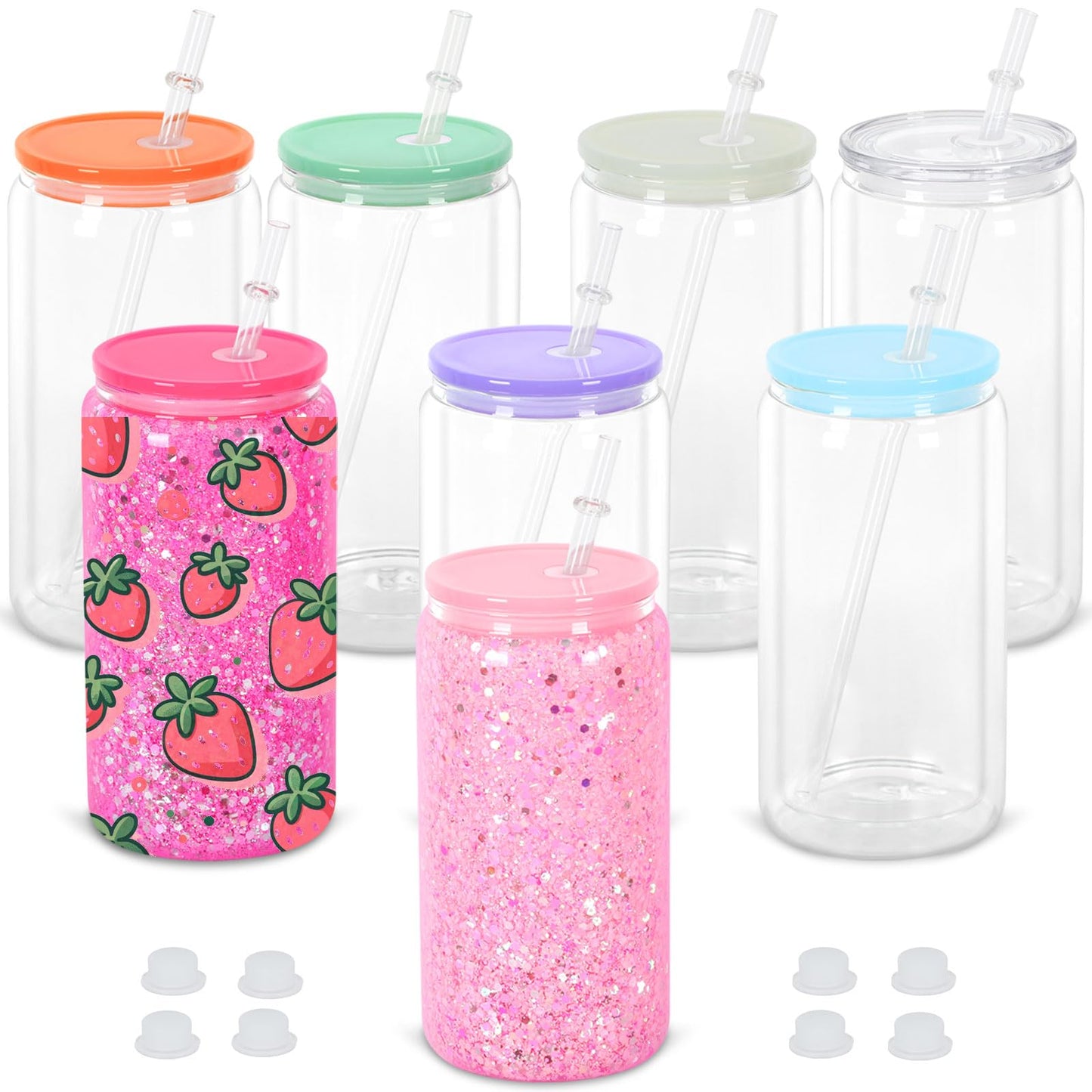 Maucircol 16 Oz Snow Globe Tumbler, 8 Pack Pre-Drilled Sublimation Glass Cup For Glitter Snow Globe Diy with Colorful Lid, Double Wall Sublimation Glass Tumbler