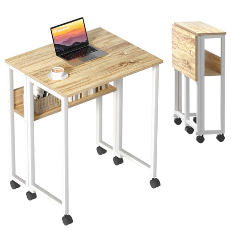 GreenForest Folding Desk Small Rolling Desk with Storage Shelf,24.8 inch Foldable Computer Desk with Wheels for Small Space,Easy Assembly,Oak GreenForest