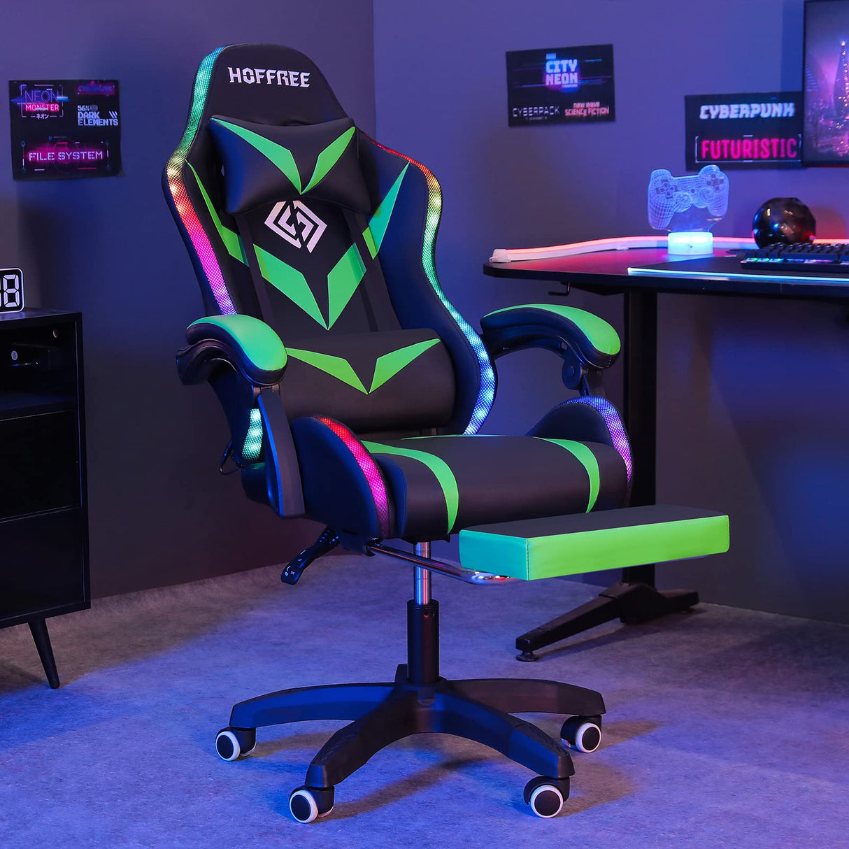 Gaming Chair with Bluetooth Speakers and RGB LED Lights Ergonomic Massage Computer Gaming Chair with Footrest Video Game Chair High Back with Lumbar Support Light Green and Black VANSPACE