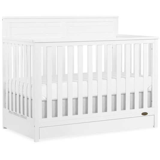 Evolur JPMA & Greenguard Gold Certified Dream On Me Reign 5 in 1 Convertible Crib with Under Drawer in White, Made of Sustainable Pinewood, Non-Toxic Water-Based Paint Finish