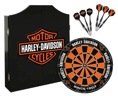 Harley-Davidson Classic Bar & Shield Logo Dart Board Kit – Black Wooden Cabinet Harley-Davidson