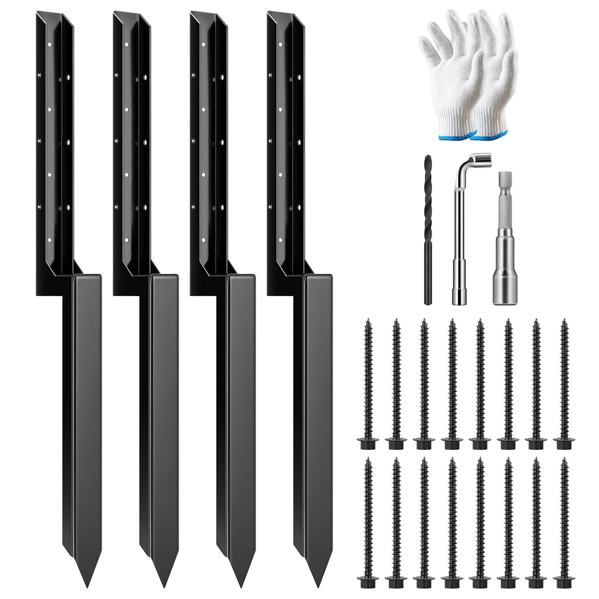 VIVOSUN Fence Post Repair Kit, Heavy-Duty Ground Spike with Gloves for Repairing Tilted or Broken Wood Posts (4 Pack, Black) VIVOSUN