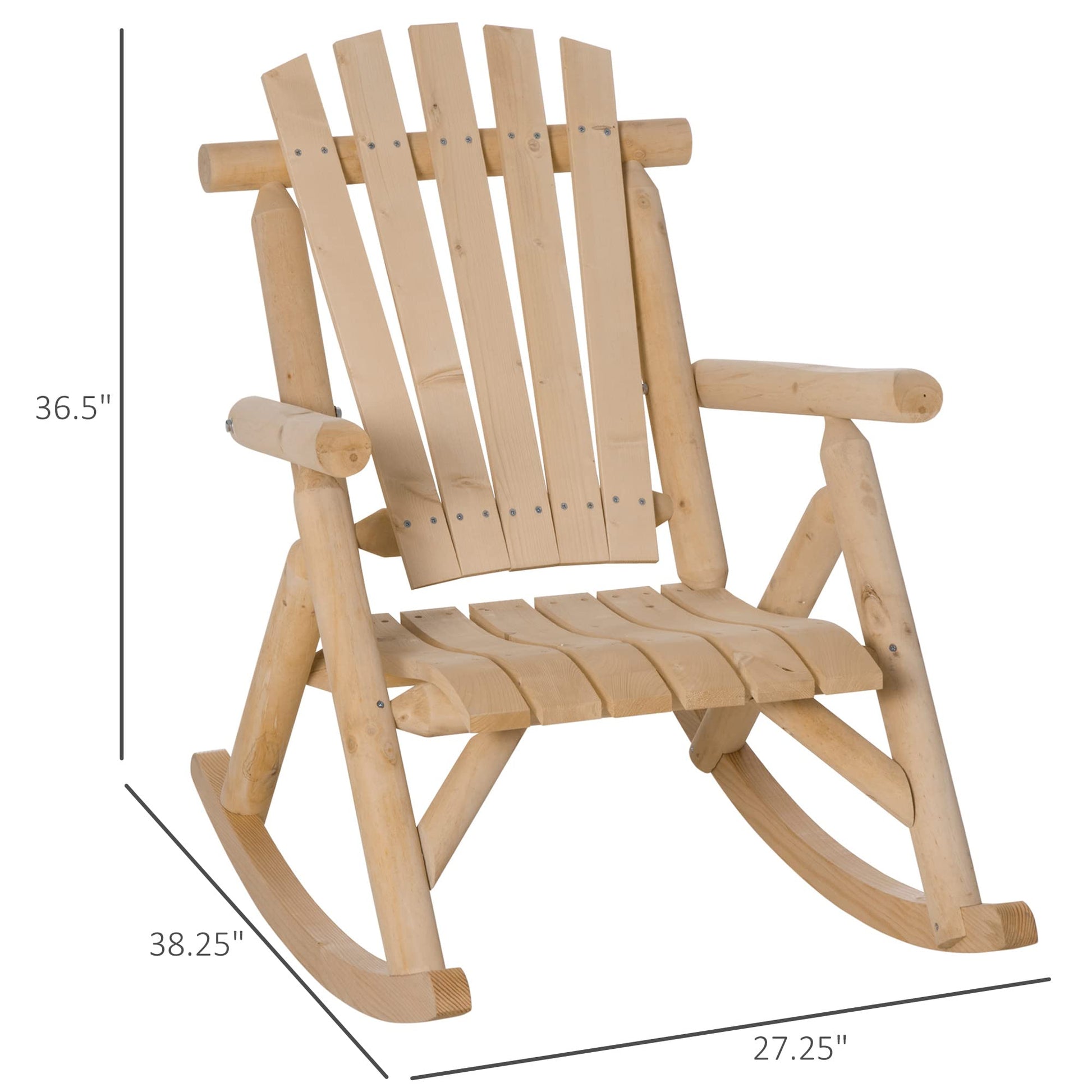 Outsunny Outdoor Wooden Rocking Chair, Single-Person Rustic Adirondack Rocker with Slatted Seat, High Backrest, Armrests for Patio, Garden and Porch, Natural - WoodArtSupply