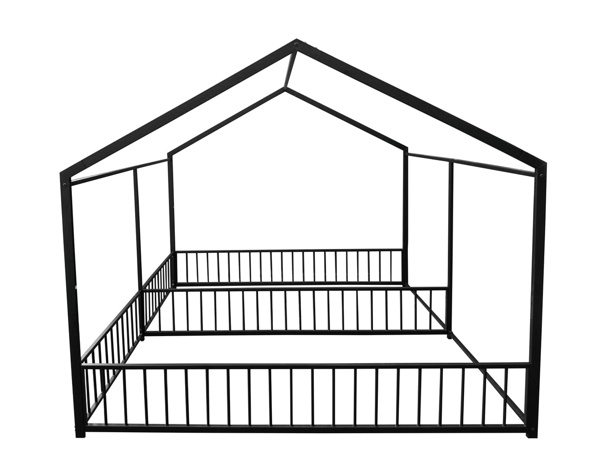 PVWIIK Double Montessori Floor Bed with Fence & Roof for Two Kids Teens Boys Girls,Twin Floor Bed,Easy Assemble,No Box Spring Needed, Black PVWIIK